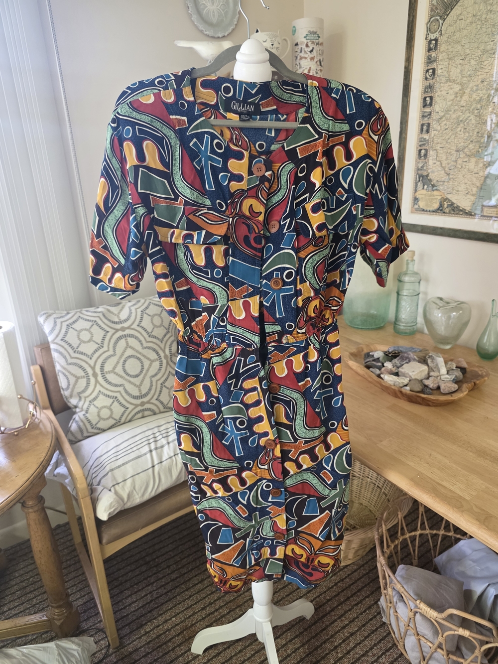 Gillian Multicolor Abstract Silk Blouse - Navy, Yellow, Red
